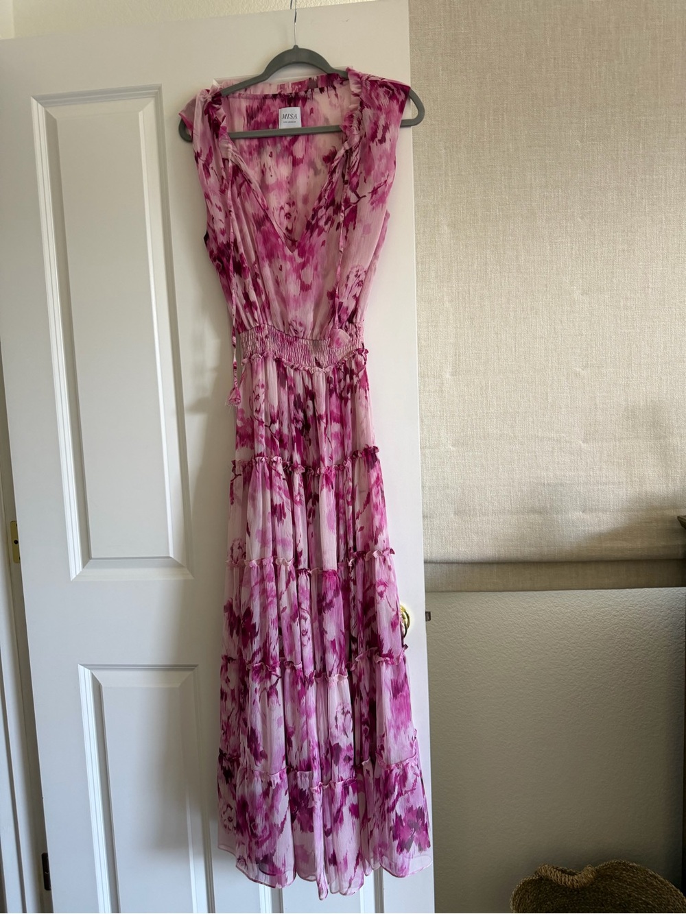 Misa Los Angeles Pink Watercolor Tiered Maxi Dress